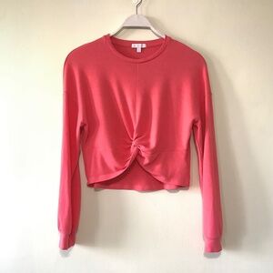 Beyond Yoga Tie Front Cropped Long Sleeve Tee Top Salmon Red Coral Neon Pink